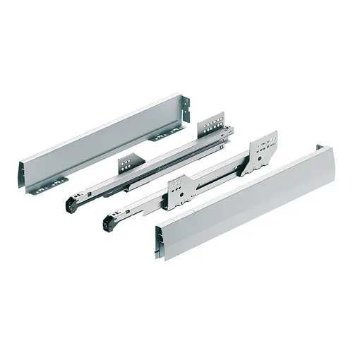 Drawer side runner system, Hafele Matrix Box P50, drawer side height (3 5/8") 92 mm, load bearing capacity (110 lbs) 50 kg 21 5/8" 550 mm White, Drawer sides: Powder coated Cabinet runner: zinc plated, Drawer sides: Powder coated Cabinet runner: zinc plated