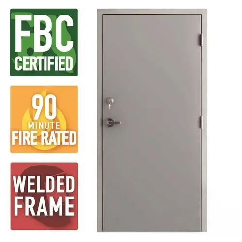 Storm Series 36 in. x 80 in. Galvanneal Finish Left-Hand Steel Commercial Door, 90 Minute Fire Rating, FBC Approved Gray