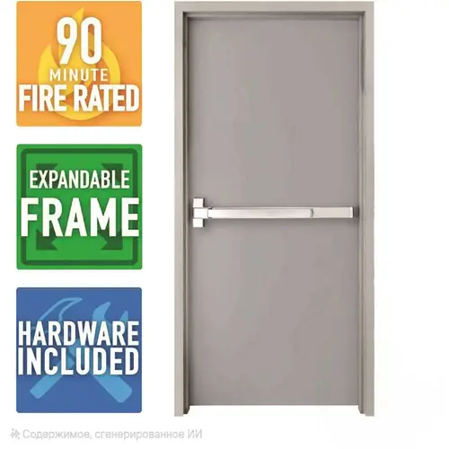 36 in. x 84 in. Fire-Rated Right-Hand Galvanneal Finish Steel Commercial Door Slab with Panic Bar and Adjustable Frame