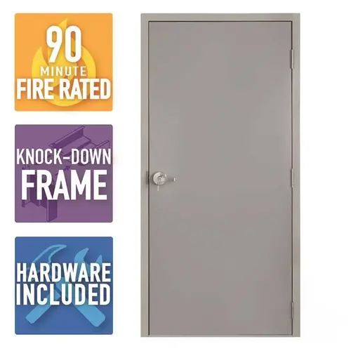 36 in. x 80 in. Gray Left-Hand Outswing Flush Steel Commercial Door with Knock Down Frame and Hardware Galvanneal