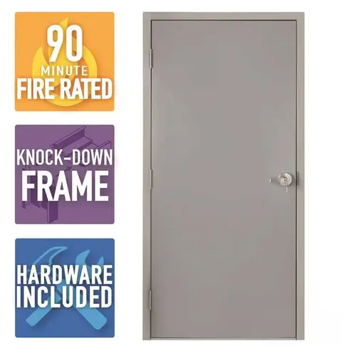 36 in. x 80 in. Gray Right-Hand Outswing Flush Steel Commercial Door with Knock Down Frame and Hardware Galvanneal