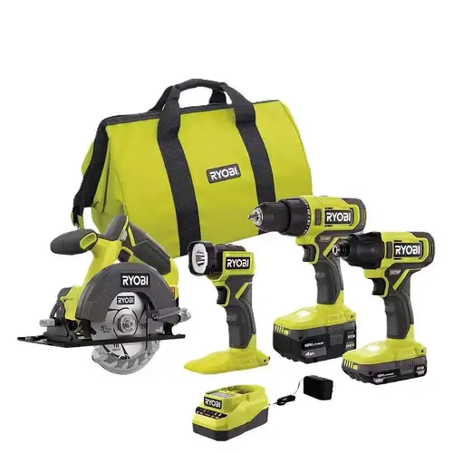 RYOBI One+ 18v Cordless 4-Tool Kit With 1.5 Ah Battery, 4.0 Ah Battery, Charger RYOBI One+ 18v Cordless 4-Tool Kit With 1.5 Ah Battery, 4.0 Ah Battery, Charger