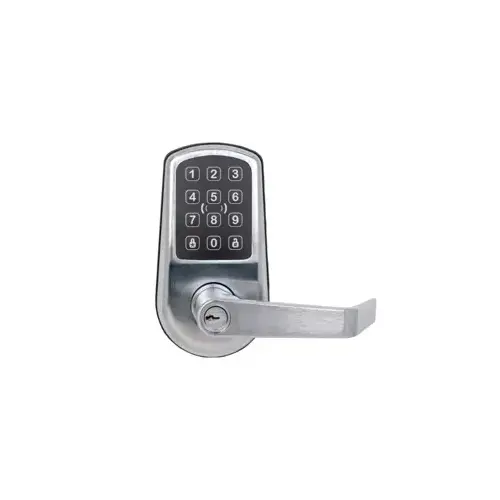Spirit Series Electronic Cylindrical Lock, Card and Keypad, Philadelphia Lever, Schlage C Keyway, 2-3/4" Backset, 4 AA Batteries, ANSI/ASA Strike, 626/US26D Satin Chrome Spirit Series Electronic Cylindrical Lock, Card and Keypad, Philadelphia Lever, Schlage C Keyway, 2-3/4" Backset, 4 AA Batteries, ANSI/ASA Strike, 626/US26D Satin Chrome