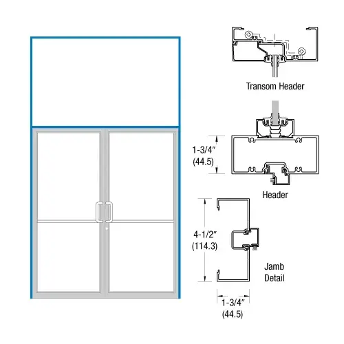 Clear Anodized Open Back Transom Double Door Frame Prepped for Pair DH009 Butt Hinges Using Flush Bolts Clear Anodized Open Back Transom Double Door Frame Prepped for Pair DH009 Butt Hinges Using Flush Bolts