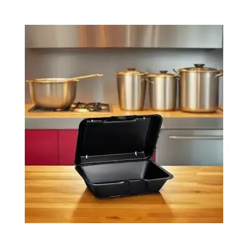 Take-Out Container Hinged With Dome Lid Large (LG) 9.25X6.5X2.875 IN Polystyrene Foam Black Deep - pack of 200 Take-Out Container Hinged With Dome Lid Large (LG) 9.25X6.5X2.875 IN Polystyrene Foam Black Deep - pack of 200