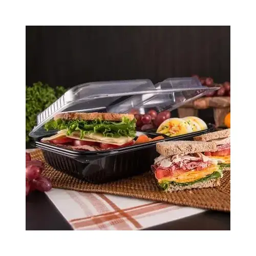 Solo Creative Carryouts BoxLine Take-Out Container Hinged 11.5X8.05X2.95 IN 2 Compartment PS Black Clear - pack of 100