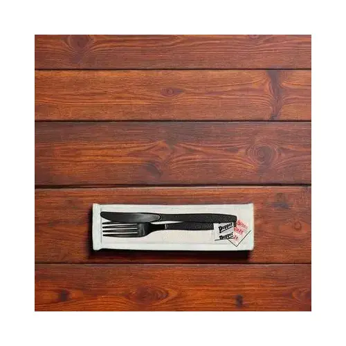 5PC Cutlery Kit PS Black Heavy Duty With 2PLY 13X17 Napkin,Fork,Knife,Salt & Pepper - pack of 500 5PC Cutlery Kit PS Black Heavy Duty With 2PLY 13X17 Napkin,Fork,Knife,Salt & Pepper - pack of 500