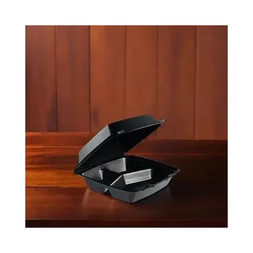Take-Out Container Hinged Medium (MED) 8X8X3 IN 3 Compartment Foam Black - pack of 200