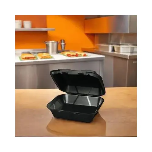 Take-Out Container Hinged With Dome Lid 6.25X6.25X3 IN Polystyrene Foam Black Square - pack of 500