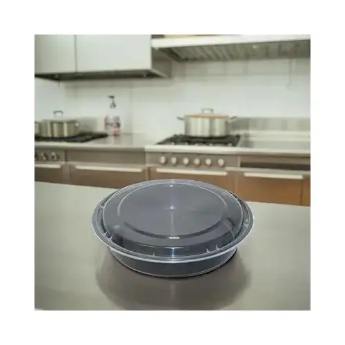 Take-Out Container Base & Lid Combo 48 OZ Plastic Black Clear Round Deep - pack of 150 Take-Out Container Base & Lid Combo 48 OZ Plastic Black Clear Round Deep - pack of 150
