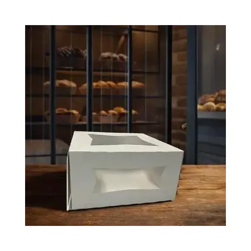 Bakery Box 8X8X4 IN SBS Paperboard White Square Tuck Top 4 Corner Beers Automatic With Window - pack of 150 Bakery Box 8X8X4 IN SBS Paperboard White Square Tuck Top 4 Corner Beers Automatic With Window - pack of 150