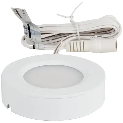 180 Lumens/Fixture 12-volt Puck Light, Single-White, White Finish, Cool White 4000K, Direct-Wire or Barrel Connection 180 Lumens/Fixture 12-volt Puck Light, Single-White, White Finish, Cool White 4000K, Direct-Wire or Barrel Connection