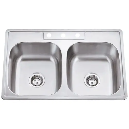 33" L x 22" W x 9" D Drop-In 20 Gauge Stainless Steel 50/50 Double Bowl Sink 33" L x 22" W x 9" D Drop-In 20 Gauge Stainless Steel 50/50 Double Bowl Sink