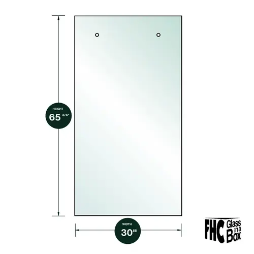 3/8" Clear Tempered Glass For Clear Water Shower Slider 30" x 65-3/4" Blank (2) 5/8" Holes at Top 3/8" Clear Tempered Glass For Clear Water Shower Slider 30" x 65-3/4" Blank (2) 5/8" Holes at Top