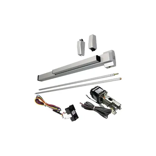 KIT - RX (Request to Exit Switch), QEL (Quiet Electric Latch Retraction), Fire Rated SVR Surface Vertical Rod Exit Device, Exit Only No Trim, 36" x 84", No Dogging, Grade 1, 689/SP28 Powder-Coated Aluminum KIT - RX (Request to Exit Switch), QEL (Quiet Electric Latch Retraction), Fire Rated SVR Surface Vertical Rod Exit Device, Exit Only No Trim, 36" x 84", No Dogging, Grade 1, 689/SP28 Powder-Coated Aluminum