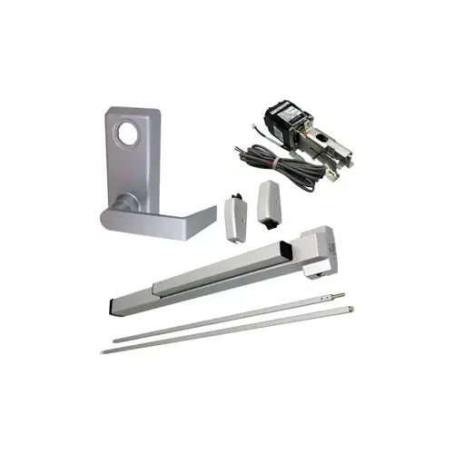 KIT - QEL (Quiet Electric Latch Retraction), Fire Rated SVR Surface Vertical Rod Exit Device, 230L Lever Trim, RHR Right Hand Reverse/Reversible Handing, 36" x 84", No Dogging, Grade 1, 689/SP28 Powder-Coated Aluminum KIT - QEL (Quiet Electric Latch Retraction), Fire Rated SVR Surface Vertical Rod Exit Device, 230L Lever Trim, RHR Right Hand Reverse/Reversible Handing, 36" x 84", No Dogging, Grade 1, 689/SP28 Powder-Coated Aluminum