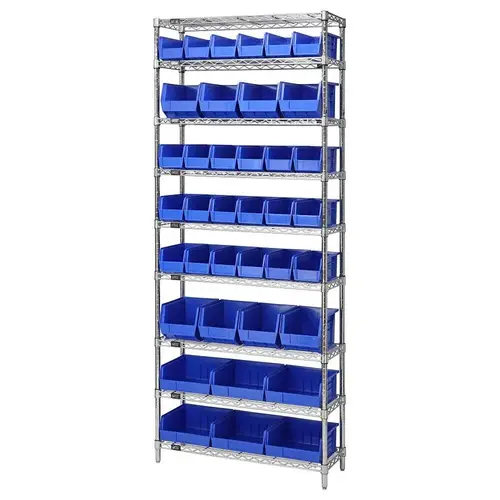 Quantum Storage Systems Wire Shelving Blue Bin 48 X 12 X 86 Grey Epoxy Finish Black
