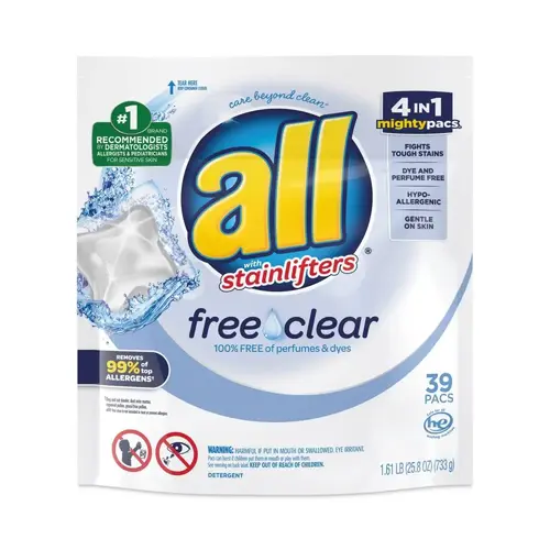 All Mighty Pacs Free Clear Super Concentrated He Laundry Detergent 39/Pack Case Of 6