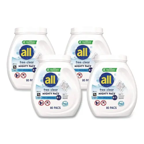 All Mighty Pacs Free Clear Laundry Detergent 80 Pods/Tub Case Of 4