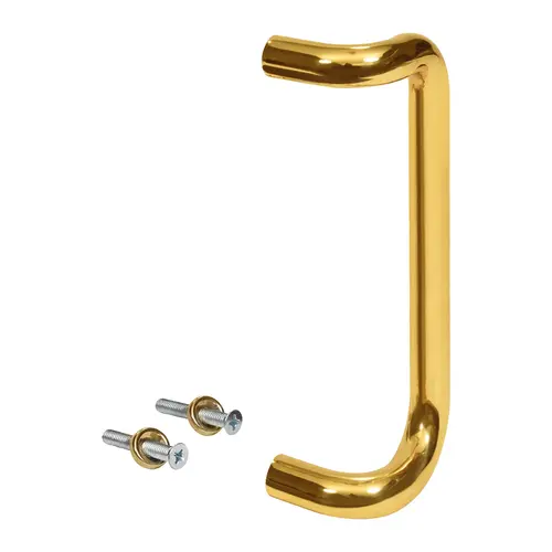 Solid Offset Pull Handle, 9" Length, 8" Mounting Center To Center, 1" Diameter, Aluminum Material, Polished Brass Finish Solid Offset Pull Handle, 9" Length, 8" Mounting Center To Center, 1" Diameter, Aluminum Material, Polished Brass Finish
