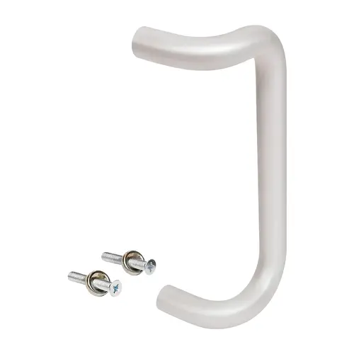 Solid Offset Pull Handle, 11" Length, 10" Mounting Center To Center, 1" Diameter, Aluminum Material, Clear Anodized Finish Solid Offset Pull Handle, 11" Length, 10" Mounting Center To Center, 1" Diameter, Aluminum Material, Clear Anodized Finish