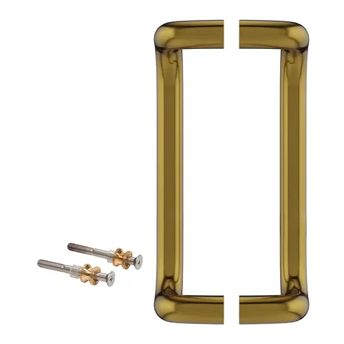 Offset Pull Handles Back-to-Back 11" Length, 10" Mounting Center To Center, 1" Diameter, Aluminum Material, Polished Brass Finish Offset Pull Handles Back-to-Back 11" Length, 10" Mounting Center To Center, 1" Diameter, Aluminum Material, Polished Brass Finish