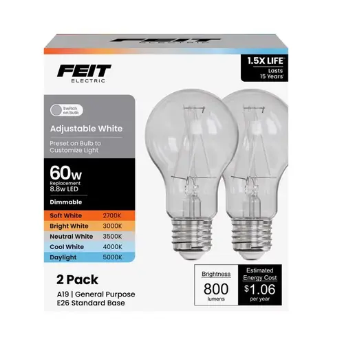 Filament LED Bulb A19 E26 (Medium) Adjustable White 60 Watt Equivalence Clear Filament LED Bulb A19 E26 (Medium) Adjustable White 60 Watt Equivalence Clear