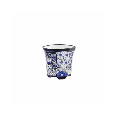 8 In. Blue & White Octagonal Clay Planter