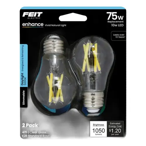 Feit Electric /2/RP LED Bulb, A15 Lamp, 75 W Equivalent, E26 Lamp Base, Yes, Clear, Daylight - pack of 2