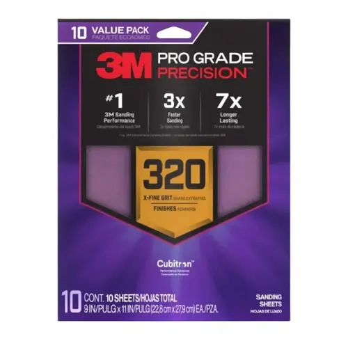 Pro Grade Precision Sanding Sheet, 9 in L, 11 in W, Multi-Grade, 320 Grit, Ceramic Alumina Abrasive - pack of 10 Pro Grade Precision Sanding Sheet, 9 in L, 11 in W, Multi-Grade, 320 Grit, Ceramic Alumina Abrasive - pack of 10