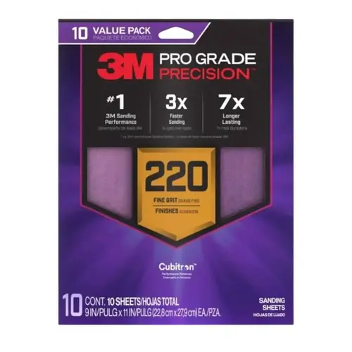 Pro Grade Precision Sanding Sheet, 9 in L, 11 in W, Fine, 220 Grit, Ceramic Alumina Abrasive - pack of 10 Pro Grade Precision Sanding Sheet, 9 in L, 11 in W, Fine, 220 Grit, Ceramic Alumina Abrasive - pack of 10