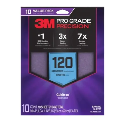 Pro Grade Precision Sanding Sheet, 9 in L, 11 in W, Medium, 120 Grit, Ceramic Alumina Abrasive - pack of 10 Pro Grade Precision Sanding Sheet, 9 in L, 11 in W, Medium, 120 Grit, Ceramic Alumina Abrasive - pack of 10