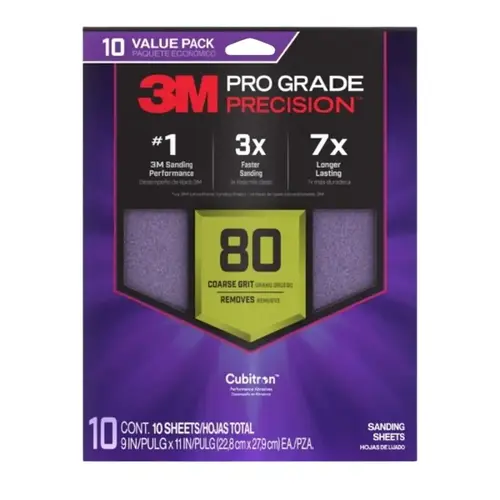 Pro Grade Precision Sanding Sheet, 9 in L, 11 in W, Coarse, 80 Grit, Ceramic Alumina Abrasive - pack of 10 Pro Grade Precision Sanding Sheet, 9 in L, 11 in W, Coarse, 80 Grit, Ceramic Alumina Abrasive - pack of 10