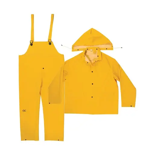 CLC 3-Piece Heavyweight Rain Suit, 4XL, Polyester/PVC, Yellow, Hooded, Adjustable Strap, Drawstring, Snap CLC 3-Piece Heavyweight Rain Suit, 4XL, Polyester/PVC, Yellow, Hooded, Adjustable Strap, Drawstring, Snap