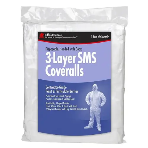 Buffalo 3-Layer SMS Coveralls, L, Zipper, Polypropylene Buffalo 3-Layer SMS Coveralls, L, Zipper, Polypropylene