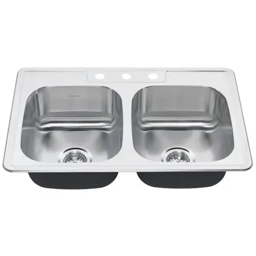 American Standard Colony Double Bowl Stainless Steel Sink 33 X 22 X 8" 3 Hole American Standard Colony Double Bowl Stainless Steel Sink 33 X 22 X 8" 3 Hole