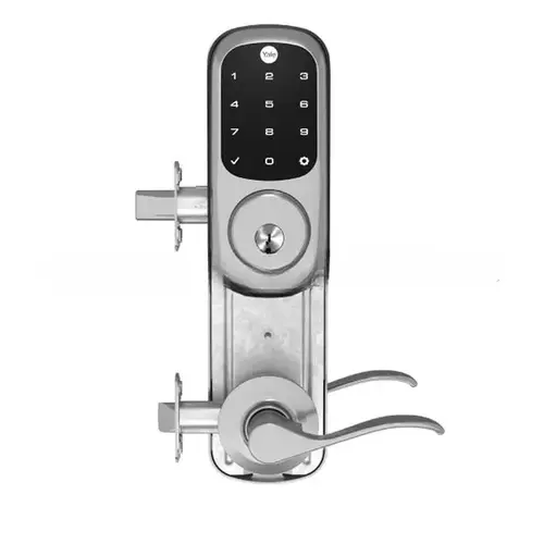 Assure Lock Touchscreen Norwood Interconnected Lockset and Deadbolt WF1 Wifi with 5-1/2" Center to Center; Kwikset KW1 Keyway; and RC Latch and Strike US15 Satin Nickel Finish