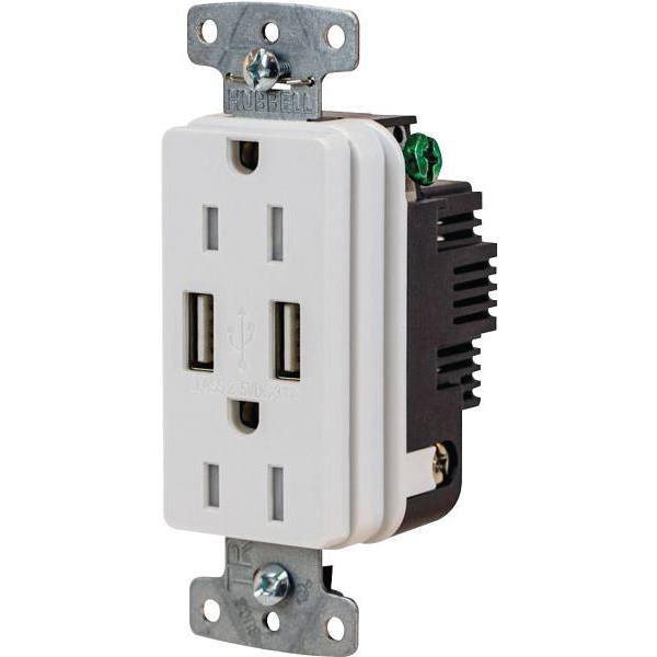 HUBBELL WIRING USB15A5W 15 Amp Tamper Resistant USB Charger Duplex Receptacle Outlet, White
