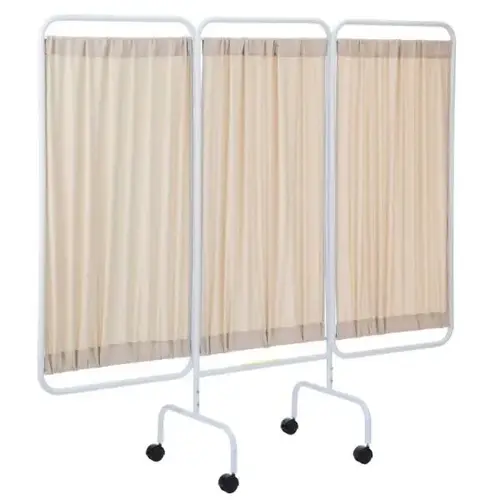 3 Panel Mobile Privacy Screen Room Divider, Antimicrobial Beige Fabric Panels