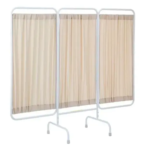 3 Panel Stationary Privacy Screen Room Divider, Antimicrobial Beige Fabric Panels