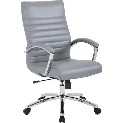 Mid-Back Chair, Grey Faux Leather, Padded Arms And Chrome Finish Base Gray Mid-Back Chair, Grey Faux Leather, Padded Arms And Chrome Finish Base Gray