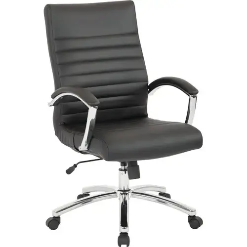 Mid-Back Chair, Black Faux Leather, Padded Arms And Chrome Finish Base Mid-Back Chair, Black Faux Leather, Padded Arms And Chrome Finish Base