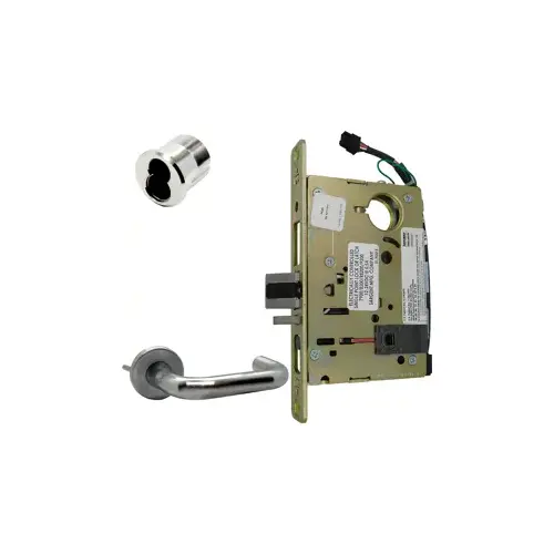 Electrified Mortise Lock, LNJ - LN Rose x J Lever, FS Fail Safe or FSE Fail Secure, Field Selectable, Auto-Sensing Dual Voltage 12/24VDC, Full Wave Rectification, RX Request to Exit Switch, LFIC Large Format IC Prep, Less Core, Grade 1, 626/US26D Satin Chrome Electrified Mortise Lock, LNJ - LN Rose x J Lever, FS Fail Safe or FSE Fail Secure, Field Selectable, Auto-Sensing Dual Voltage 12/24VDC, Full Wave Rectification, RX Request to Exit Switch, LFIC Large Format IC Prep, Less Core, Grade 1, 626/US26D Satin Chrome