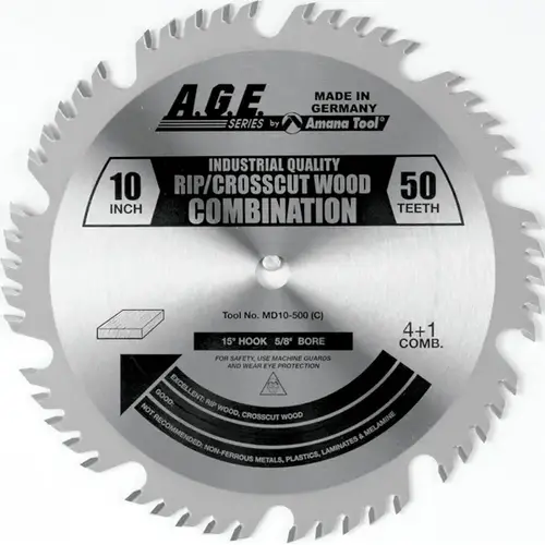 Amana A.G.E. 10" Diameter with 5/8" Arbor 50 Tooth ATB Ripping / Crosscut Saw Blade Amana A.G.E. 10" Diameter with 5/8" Arbor 50 Tooth ATB Ripping / Crosscut Saw Blade