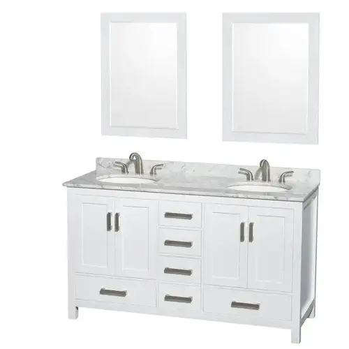 Sheffield White Double Bathroom Vanity 60" With Oval Sink And 24" Mirror Sheffield White Double Bathroom Vanity 60" With Oval Sink And 24" Mirror
