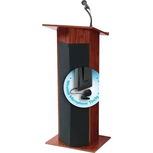 Power Plus Lectern With Wireless Tie Clip Microphone, Mahogany