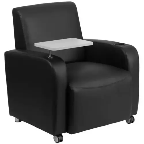 Black Leather Guest Chair With Tablet Arm, Front Wheel Casters And Cup Holder