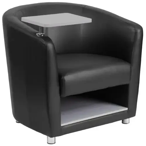 Black Leather Guest Chair With Tablet Arm, Chrome Legs And Under Seat Storage
