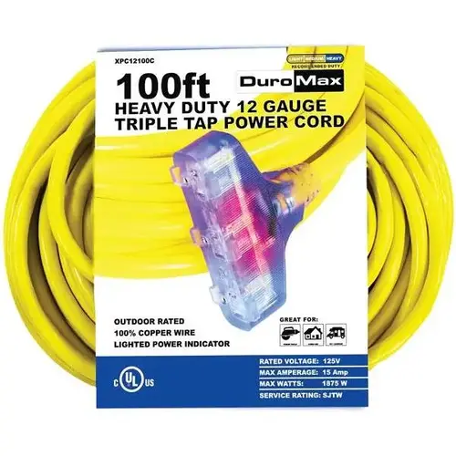 100 Ft. 12 Ga Portable Generator Triple Tap Extension Power Cord
