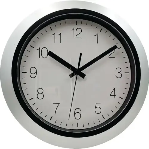 Round Plastic Wall Clock 12 Inch, Silver, White Face, Black Dial
